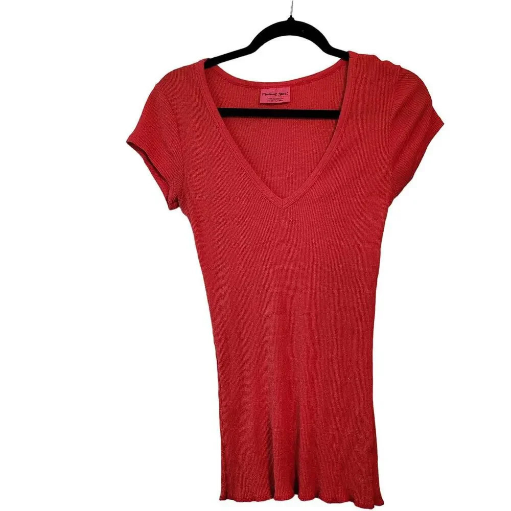 Michael Stars Womens Blouse Red Knit Short Sleeves V-Neck Stretch Shimmer